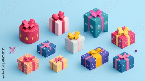 99.A vibrant collection of gift box icons, rendered in different shapes and sizes, showcasing festive details like sparkling bows and confetti accents. photo