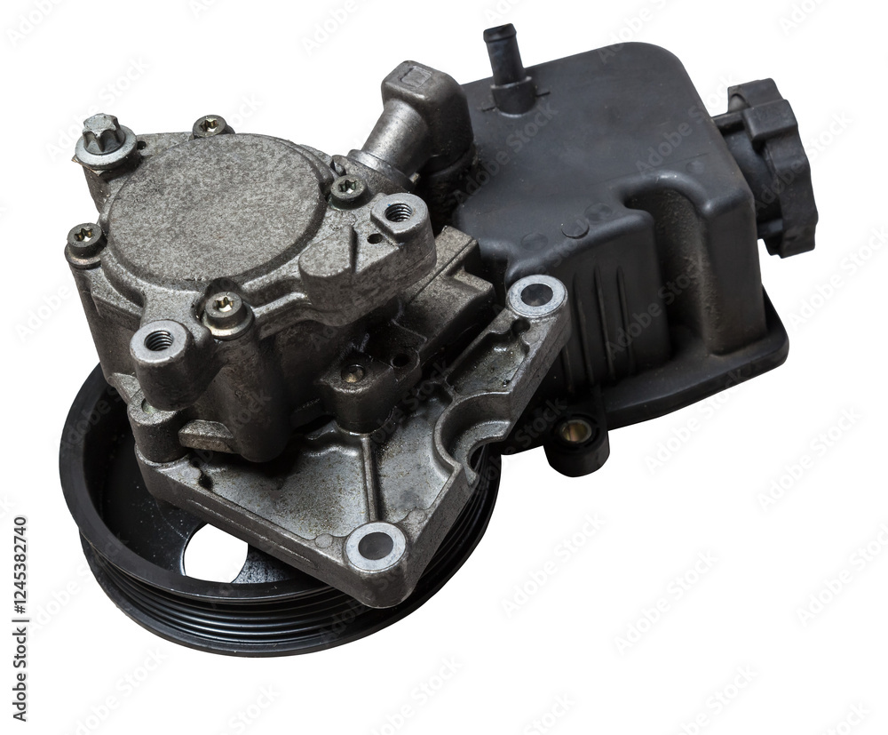 Vane pump or hydraulic power steering pump on a white background engine parts. Spare parts auto catalog. Vane pump or hydraulic power steering pump on a white background engine parts. Spare parts auto catalog.