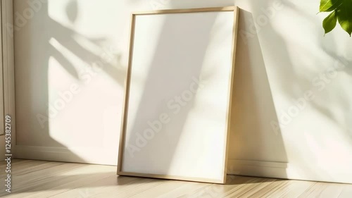 Wooden frame mockup on white wall.