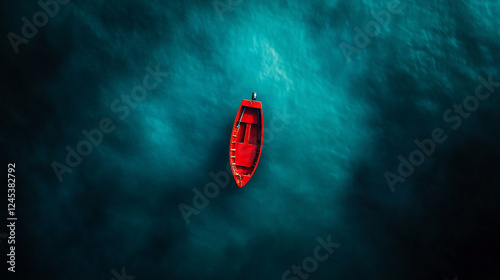 Lonely red boat floats on dark teal water.