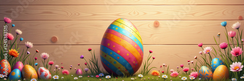 A vibrant Easter scene with a large, colorful striped egg at the center, surrounded by smaller decorated eggs and blooming flowers, set against a rustic wooden backdrop. photo