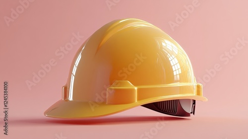 A premium 3D-rendered yellow construction helmet, pale peach background  photo