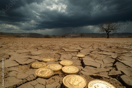 Gold coins scattered on arid land, stormy sky