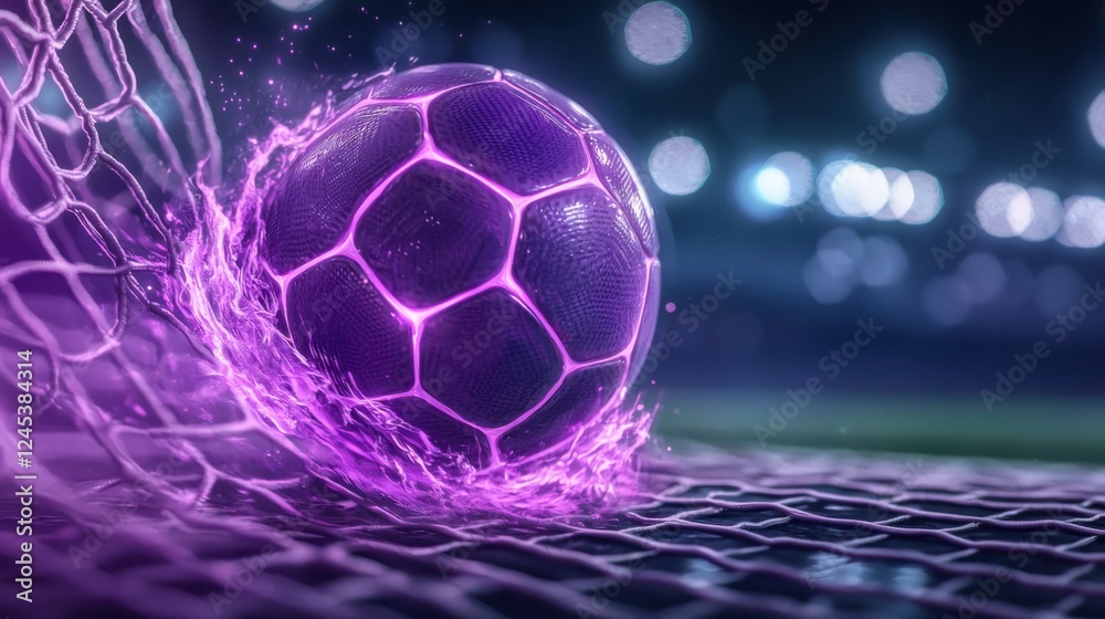 Naklejka premium Glowing soccer ball caught mid impact as it collides with a vibrant neon lit net creating a surreal and dynamic visual effect The image showcases the power and motion of the sport in a futuristic
