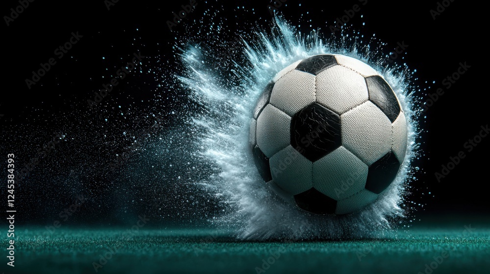 Naklejka premium Futuristic soccer ball in mid flight on a glowing illuminated pitch or field Dynamic high energy action with splash effect and lighting elements creating an abstract