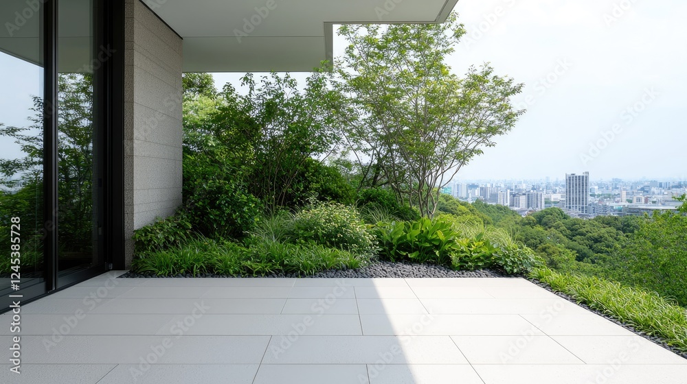 Modern patio overlooking cityscape, lush garden, serene view