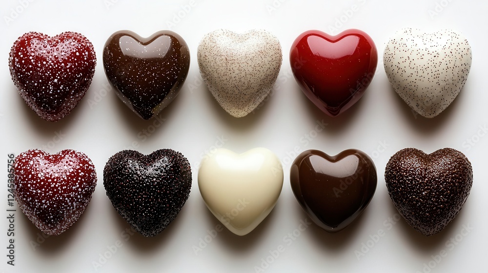 Ten Assorted Heart Shaped Chocolates on White Background Ten Assorted Heart Shaped Chocolates on White Background