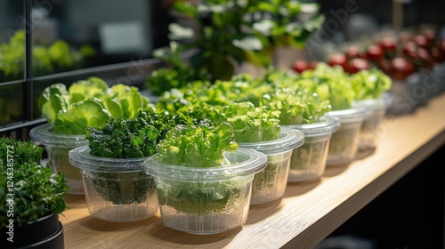 Wallpaper Mural Freshly harvested lettuce and greens displayed in clear containers on a wooden counter, with vibrant plants in the background Torontodigital.ca