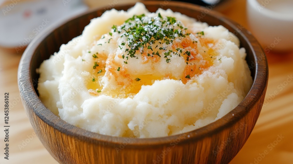 Creamy mashed potatoes with melted butter and herbs in a wooden bowl Creamy mashed potatoes with melted butter and herbs in a wooden bowl
