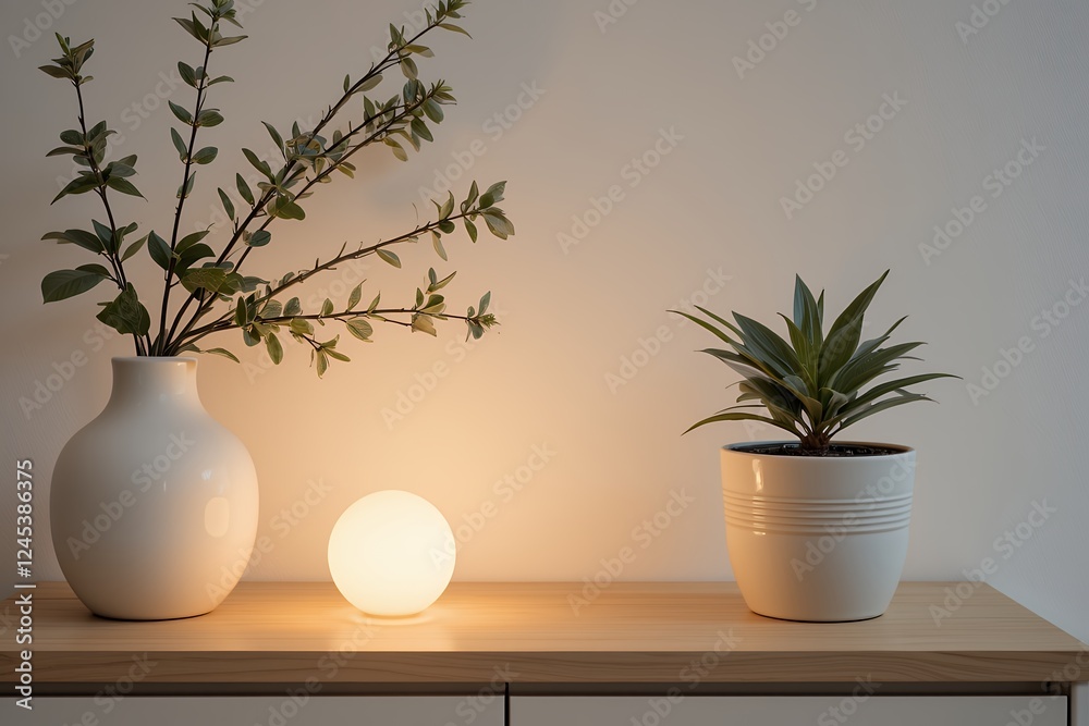 Fototapeta premium Tranquil Home Interior Modern Decor with Plants Soft Lighting