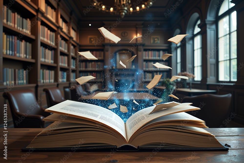 Magical Open Book with Flying Pages in a Grand Library Setting Magical Open Book with Flying Pages in a Grand Library Setting