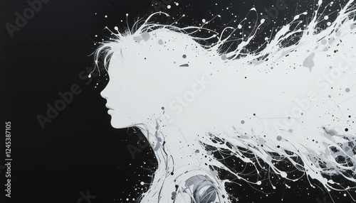 silhouette long hairy woman on the dark background