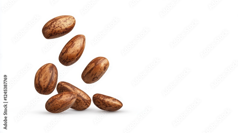 Brown Cocoa Beans Falling on White Background with Shadow Effect Brown Cocoa Beans Falling on White Background with Shadow Effect