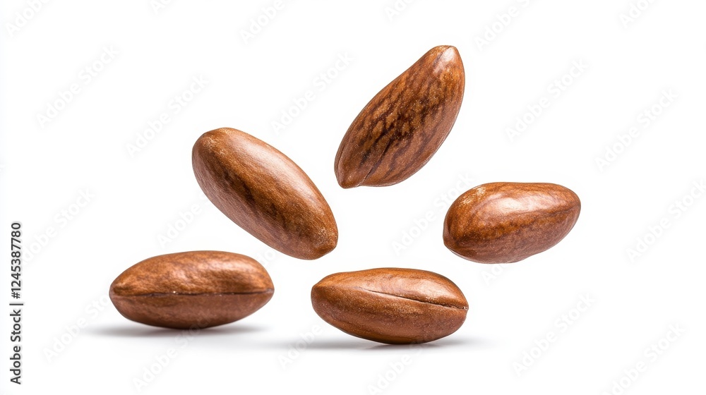 Obraz premium Brown Cacao Beans Falling Gracefully on White Background