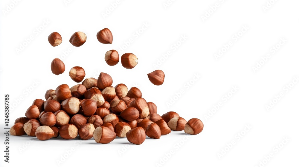 Fresh Raw Hazelnuts Falling Over a Pile on a White Background Fresh Raw Hazelnuts Falling Over a Pile on a White Background