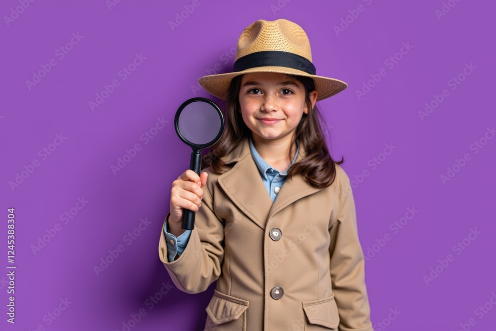 A Curious Young Detective Poses with a Magnifying Glass Against a Vibrant Purple Background, Showcasing Her Detective Outfit and Adventurous Spirit