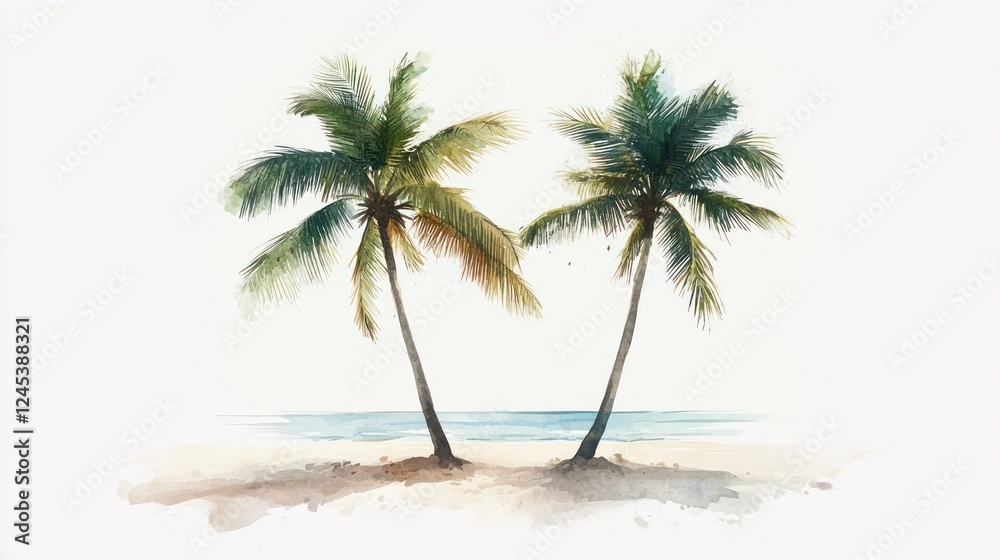 Tropical beach, two palm trees, ocean view, watercolor art, travel poster (1) Tropical beach, two palm trees, ocean view, watercolor art, travel poster (1)