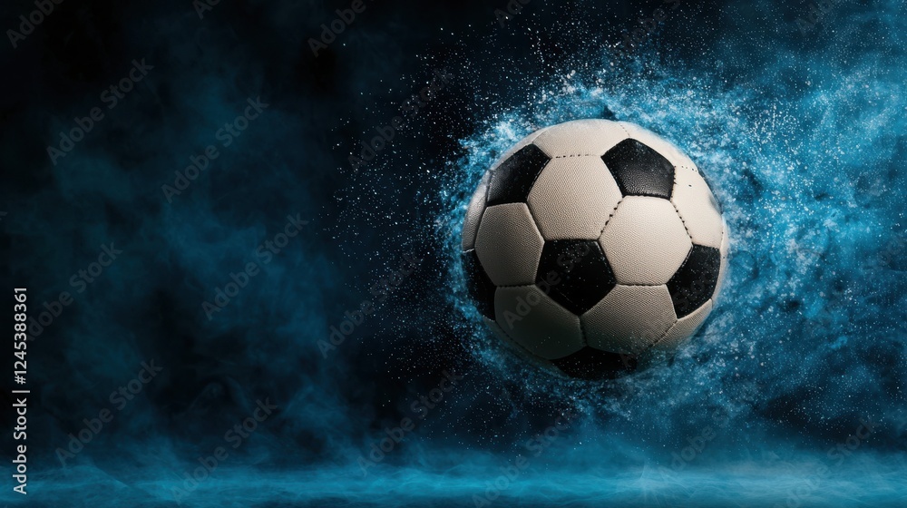 Fototapeta premium Glowing and Dynamic Soccer Ball in Flight Speeding Towards the Goal Net During an Intense Nighttime Sports Competition
