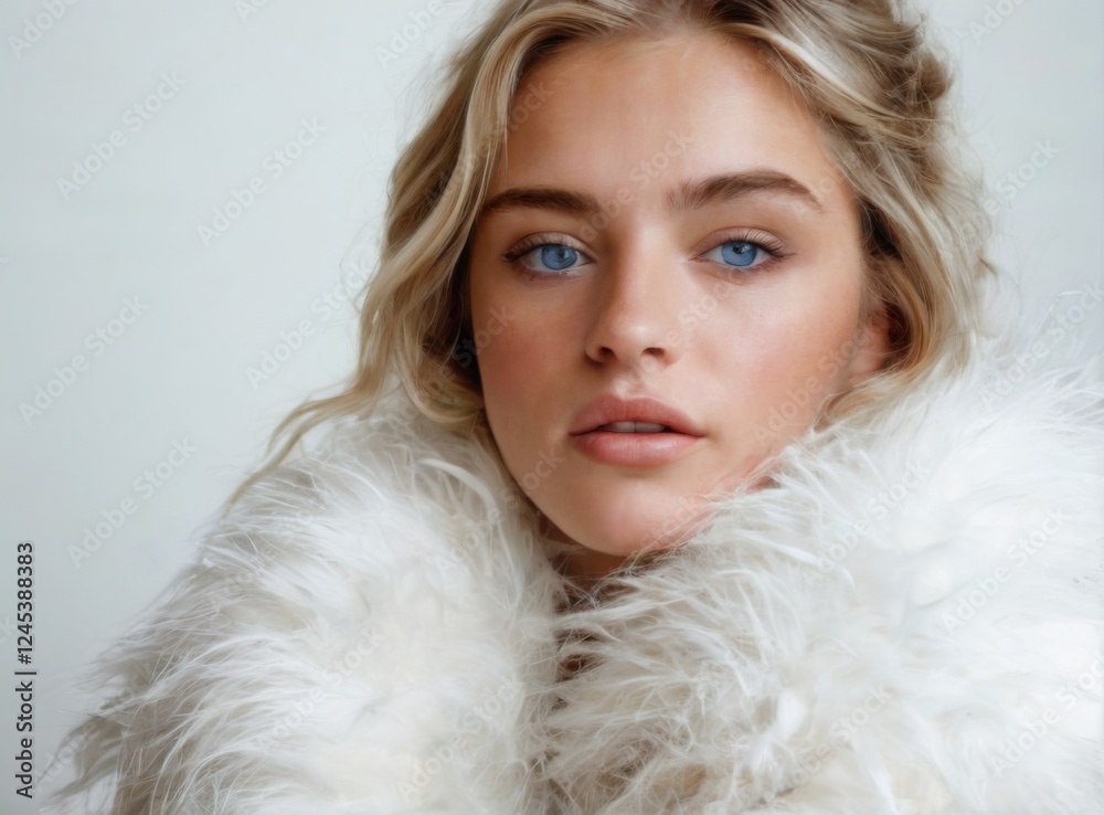 Elegant Portrait of Young Woman with Blonde Hair and Blue Eyes in White Fur Coat on Plain Background Elegant Portrait of Young Woman with Blonde Hair and Blue Eyes in White Fur Coat on Plain Background
