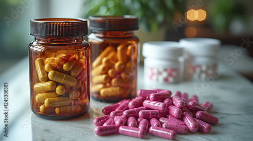 Amber glass jars filled with yellow and pink capsules, plus a pile of pink capsules on a marble surface.