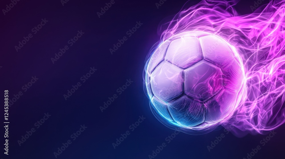 Fototapeta premium Glowing Soccer Ball in Dynamic Motion with Rippling Energy Effects Vibrant abstract sports background with powerful soccer ball in mid air surrounded by neon electric waves and surging energy