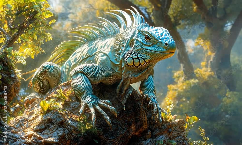 Colorful iguana perched on a mossy tree branch in a vibrant, sunlit jungle setting Colorful iguana perched on a mossy tree branch in a vibrant, sunlit jungle setting