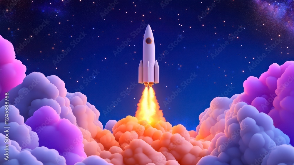 Fototapeta premium Vibrant Rocket Launching Into Space Above Colorful Clouds at Night