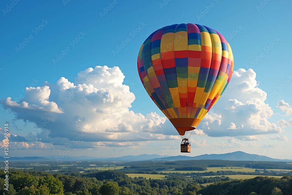 Fototapeta premium Colorful Hot Air Balloon Soaring Over Scenic Landscape with Fluffy Clouds