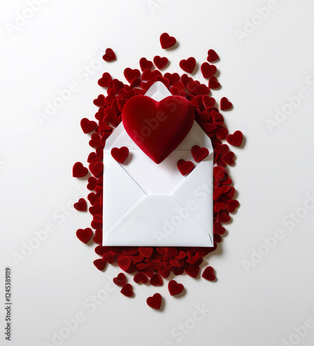 Red heart velvet from a white envelope on a white background
