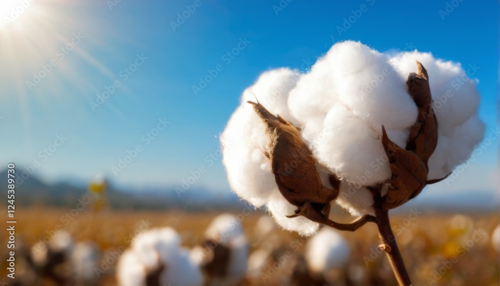 Closeup of white fluffy cotton ball on brown stem, with blurred cotton field background under bright sun. Peaceful scene. Closeup of white fluffy cotton ball on brown stem, with blurred cotton field background under bright sun. Peaceful scene.