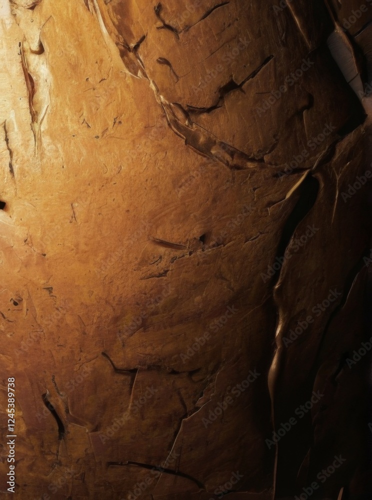 Closeup of Rough Textured Surface in Warm Earth Tones with Deep Grooves and Dark Shadows for Adobe Stock.