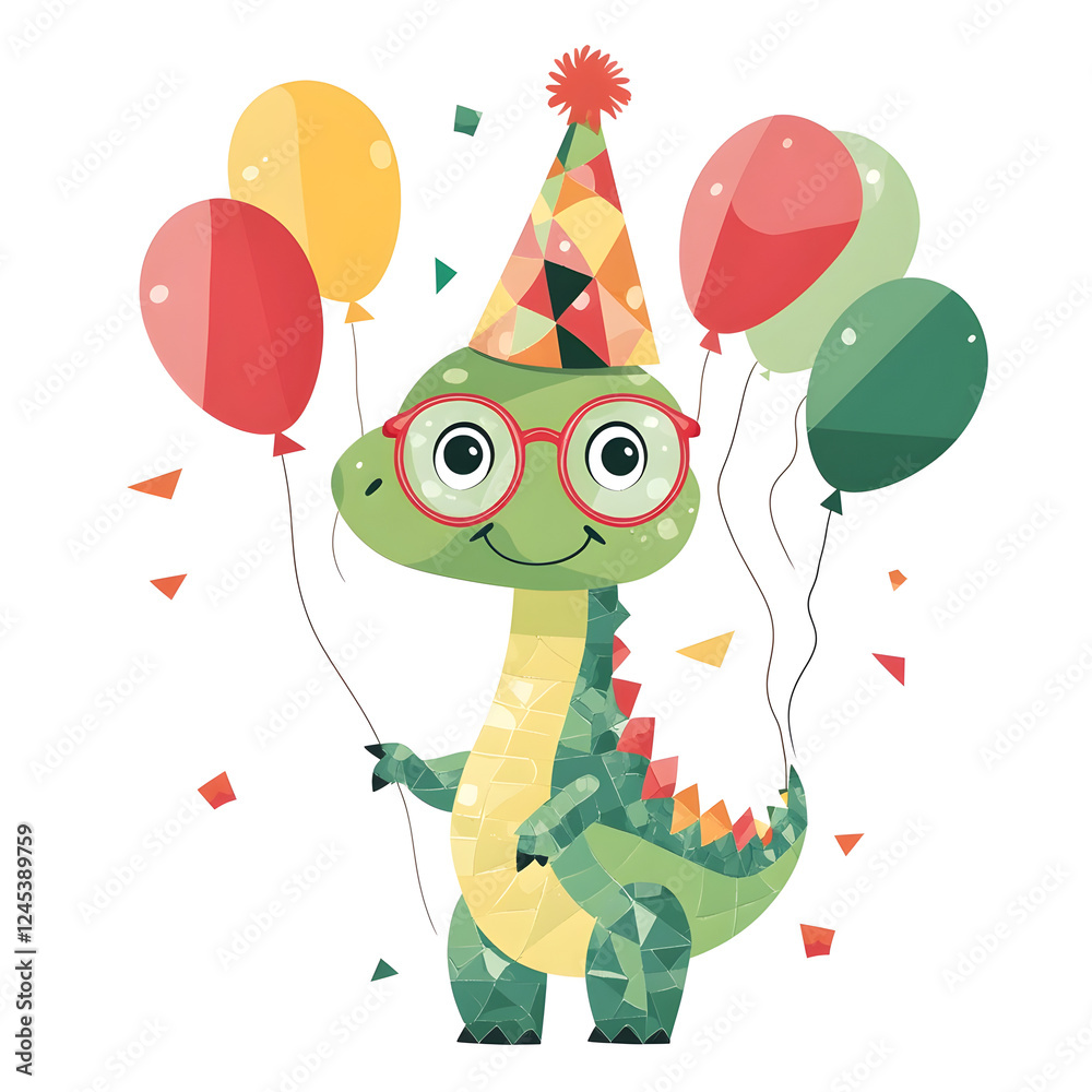 Fototapeta premium Happy dinosaur character wearing glasses and a festive party hat, holding colorful balloons. Ideal for children's clothing, mugs, or cheerful posters for celebrations.