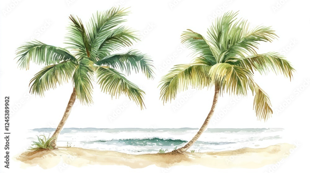 Obraz premium Tropical beach with two palm trees, ocean waves; vacation postcard