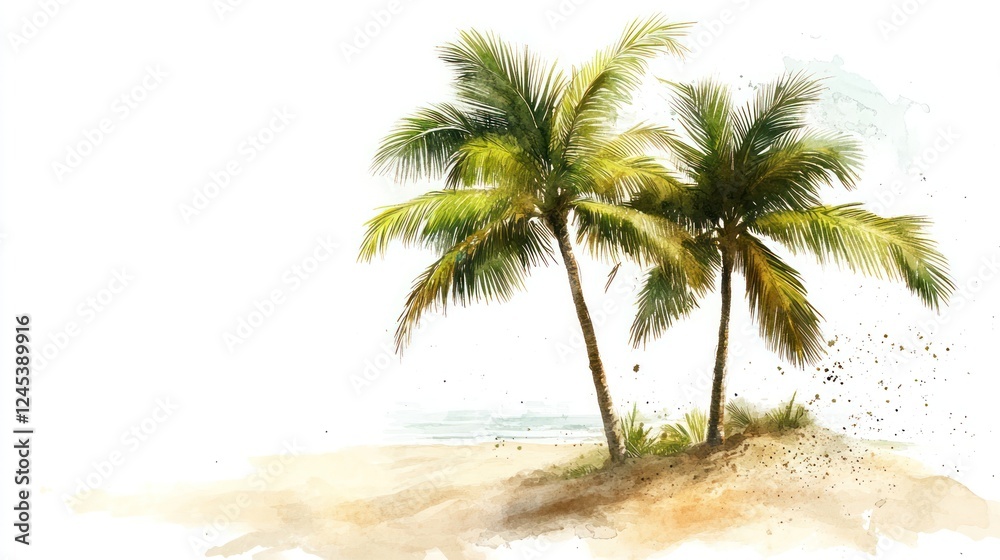 Obraz premium Tropical beach, palm trees, ocean, sand, watercolor painting, summer vacation