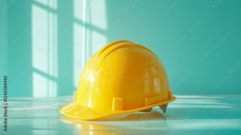 A textured yellow construction helmet with ergonomic padding, light mint gradient backdrop A textured yellow construction helmet with ergonomic padding, light mint gradient backdrop