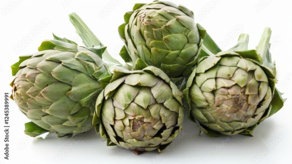 Fresh Green Artichokes Arranged on White Background, Central Focus on Largest Head with Pointed Leaves and Textured Skin. Fresh Green Artichokes Arranged on White Background, Central Focus on Largest Head with Pointed Leaves and Textured Skin.