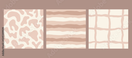 Beige Abstract Hand Drawn Seamless Patterns Collection. Curvy Geometric Backgrounds with striped checkered spotted texture. Neutral brown ornaments set