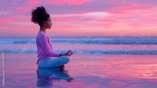 Serene Sunset Meditation: A young woman finds inner peace as she meditates on a tranquil beach at sunset, her reflection mirrored in the calm waters.