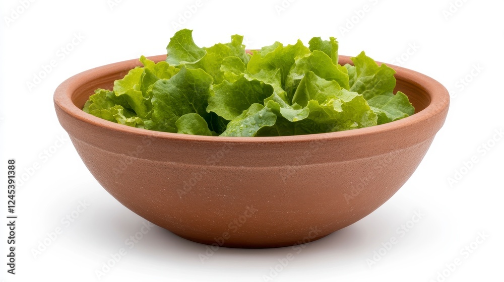 Fresh Green Lettuce Leaves in Clay Bowl on White Background Fresh Green Lettuce Leaves in Clay Bowl on White Background