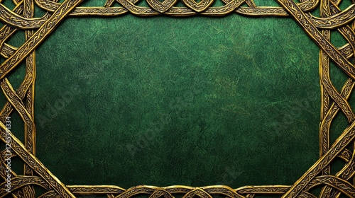 Intricate celtic knot design with gold embellishments on green background