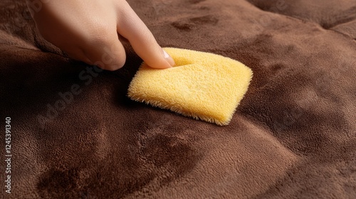 A sponge gently cleaning a stained area of a microfiber sofa with rubbing alcohol applied. photo