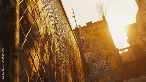 A cinematic depiction of an abandoned urban structure, walls covered in layers of intricate graffiti, telling untold stories of street artists photo