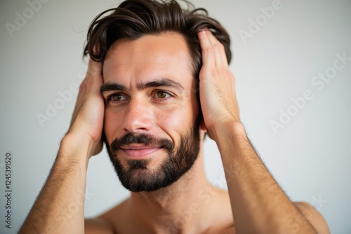 A Thoughtful Young Man with Dark Hair and a Beard Expressing Contemplation Against a Neutral Background