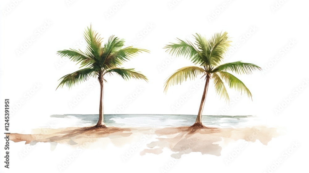 Obraz premium Tropical beach scene two palm trees on sandy shore, ocean background; vacation postcard