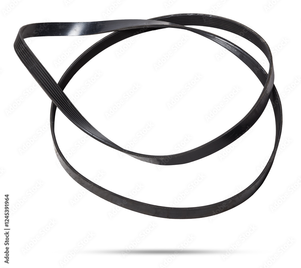 V-ribbed engine belt made of black rubber on a white isolated background in a photo studio of auto parts for replacement during repair or for a catalog of spare parts for sale on auto analysis. V-ribbed engine belt made of black rubber on a white isolated background in a photo studio of auto parts for replacement during repair or for a catalog of spare parts for sale on auto analysis.