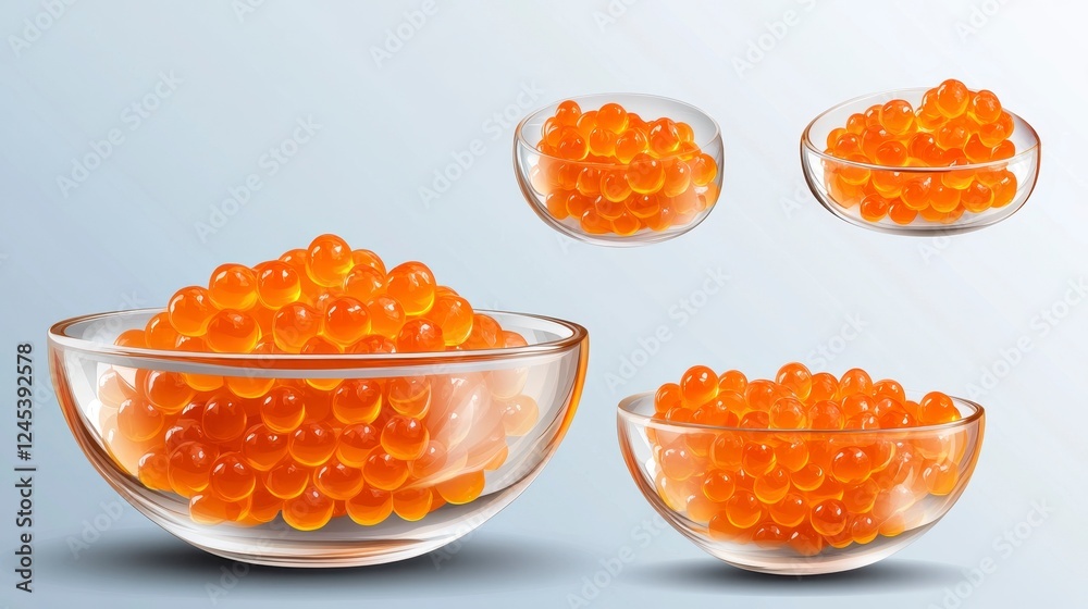Fresh Orange Fish Roe in Various Clear Glass Bowls on Background Fresh Orange Fish Roe in Various Clear Glass Bowls on Background