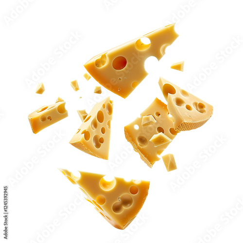 Exploding Swiss cheese wedges and chunks suspended in mid-air, high-resolution studio shot on white background photo