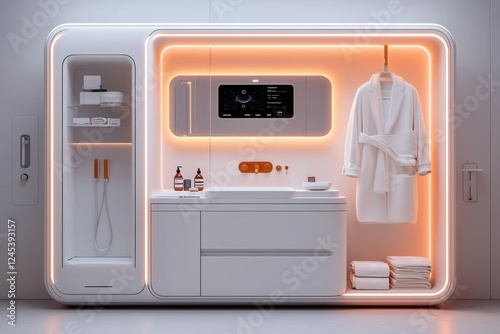 Futuristic smart bathroom featuring intelligent IoT systems for self cleaning and seamless automation showcasing a sleek minimalist design with modern fixtures lighting