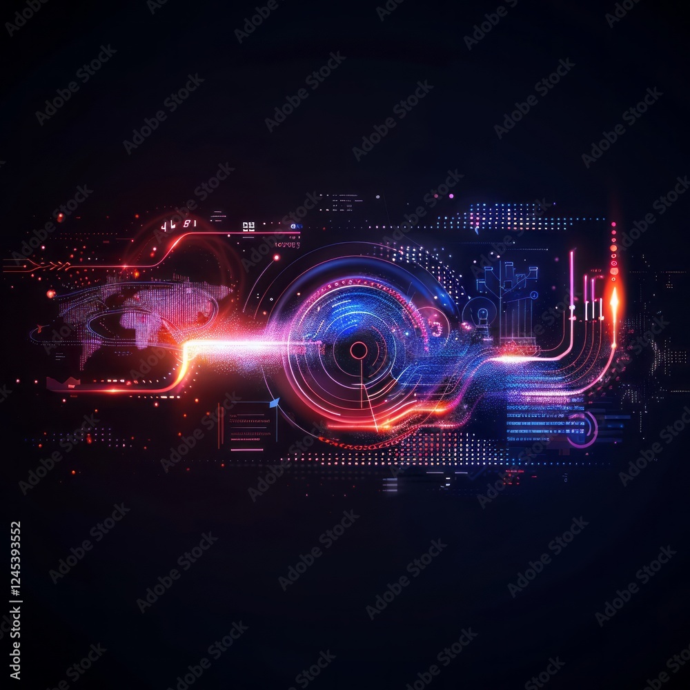 Obraz premium Global Network Pulse: An abstract, glowing network of digital data flows in a vibrant red and blue spectrum.