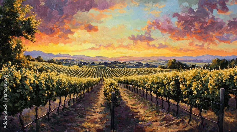 Naklejka premium Sunset Over Romantic Vineyard